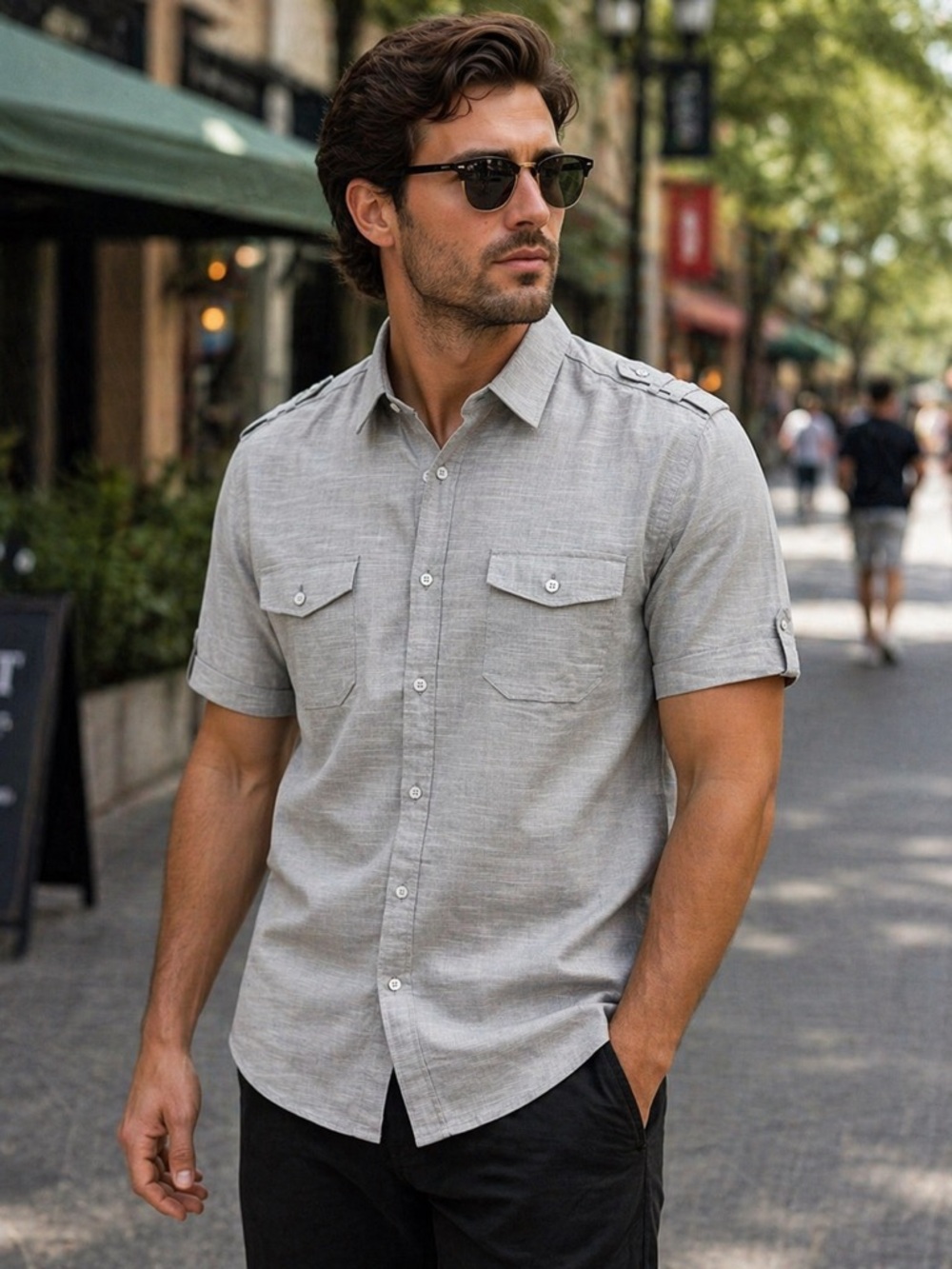 PD&C Men's Short Sleeve Button-Down Shirt in Light Gray